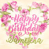 A stunning heart made of pink roses surrounds the elegant script text 'Happy Birthday Jamesena' on a soft beige background. Animated sparkles add a magical and festive feel.