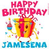 A vibrant and funny gift box character with a happy face dancing with a cupcake and the text 'Happy Birthday Jamesena,' surrounded by animated confetti and party vibes.