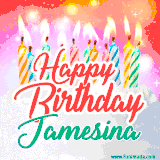 Bright birthday candles with rainbow flames on a cake, alongside the text 'Happy Birthday Jamesina' in vibrant script in this celebratory animated GIF.