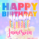 A vibrant animated name GIF with the words 'Happy Birthday Jamesina' with colorful candles on a creamy cake. The background sparkles with pastel shades, adding a festive touch.