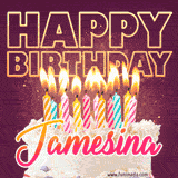 A colorful birthday cake topped with lit candles, with the words 'Happy Birthday Jamesina' in bold glowing letters on a burgundy background. Animated flames add a festive touch.