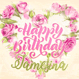 A stunning heart made of pink roses surrounds the elegant script text 'Happy Birthday Jamesina' on a soft beige background. Animated sparkles add a magical and festive feel.