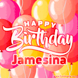 A vibrant name GIF featuring colorful balloons in shades of pink, orange, and yellow with the bold text 'Happy Birthday Jamesina' in festive fonts, creating a lively birthday vibe.