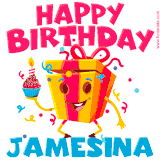 A vibrant and funny gift box character with a happy face dancing with a cupcake and the text 'Happy Birthday Jamesina,' surrounded by animated confetti and party vibes.