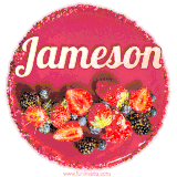 Beautifully decorated red velvet berry birthday cake with vibrant fruits and a glowing 'Jameson' name, adding a touch of sweetness and sparkle.