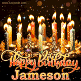 A glowing personalized birthday GIF with name Jameson featuring lit candles with intricate designs, warm lighting, and the text 'Happy Birthday' in an elegant font.
