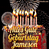 A chocolate birthday cake with glowing candles, the German text 'Alles Gute zum Geburtstag Jameson,' and vibrant fireworks lighting up the background in an animated GIF.
