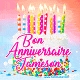 A white birthday cake covered in colorful sprinkles, topped with bright candles, and French text 'Bon Anniversaire Jameson' on a pastel gradient background in an animated GIF.
