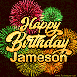 Golden text reading 'Happy Birthday Jameson' surrounded by vibrant fireworks in red, green, and yellow, set against a dark background in this celebratory birthday GIF.