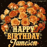 Animated bouquet of orange roses with moving butterfles and golden 'Happy Birthday Jameson' text, surrounded by sparkling accents and a dark backdrop for a luxurious feel.