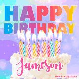 A vibrant animated name GIF with the words 'Happy Birthday Jameson' with colorful candles on a creamy cake. The background sparkles with pastel shades, adding a festive touch.