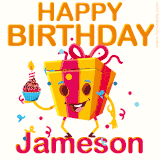 A vibrant and funny gift box character with a happy face dancing with a cupcake and the text 'Happy Birthday Jameson,' surrounded by animated confetti and party vibes.