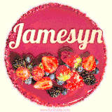 Beautifully decorated red velvet berry birthday cake with vibrant fruits and a glowing 'Jamesyn' name, adding a touch of sweetness and sparkle.