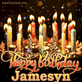 A glowing personalized birthday GIF with name Jamesyn featuring lit candles with intricate designs, warm lighting, and the text 'Happy Birthday' in an elegant font.