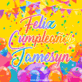 A bright and festive GIF with the text 'Feliz Cumpleaños Jamesyn' in Spanish in colorful fonts, surrounded by confetti, balloons, and festive banners on a vibrant yellow background.