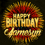 Golden 'Happy Birthday Jamesyn' text accompanied by animated rainbow fireworks for a festive animated greeting.