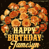 Animated bouquet of orange roses with moving butterfles and golden 'Happy Birthday Jamesyn' text, surrounded by sparkling accents and a dark backdrop for a luxurious feel.