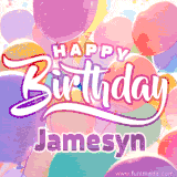 A vibrant name GIF featuring colorful balloons in shades of pink, orange, and yellow with the bold text 'Happy Birthday Jamesyn' in festive fonts, creating a lively birthday vibe.