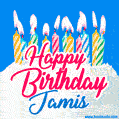 Happy Birthday GIF for Jamis with Birthday Cake and Lit Candles