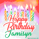 Bright birthday candles with rainbow flames on a cake, alongside the text 'Happy Birthday Jamisyn' in vibrant script in this celebratory animated GIF.
