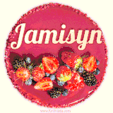 Beautifully decorated red velvet berry birthday cake with vibrant fruits and a glowing 'Jamisyn' name, adding a touch of sweetness and sparkle.