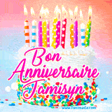 A white birthday cake covered in colorful sprinkles, topped with bright candles, and French text 'Bon Anniversaire Jamisyn' on a pastel gradient background in an animated GIF.