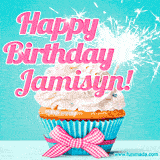A festive cupcake with pink icing, a gingham bow, and a lit animated sparkler, paired with 'Happy Birthday Jamisyn!' in bright pink text.
