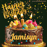 A delightful chocolate birthday cake with bright candles and 'Happy Birthday Jamisyn' written in gold amidst a shower of animated stars.