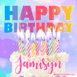 A vibrant animated name GIF with the words 'Happy Birthday Jamisyn' with colorful candles on a creamy cake. The background sparkles with pastel shades, adding a festive touch.