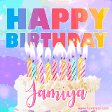 A vibrant animated name GIF with the words 'Happy Birthday Jamiya' with colorful candles on a creamy cake. The background sparkles with pastel shades, adding a festive touch.