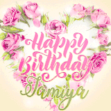 A stunning heart made of pink roses surrounds the elegant script text 'Happy Birthday Jamiya' on a soft beige background. Animated sparkles add a magical and festive feel.
