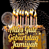 A chocolate birthday cake with glowing candles, the German text 'Alles Gute zum Geburtstag Jamiyah,' and vibrant fireworks lighting up the background in an animated GIF.