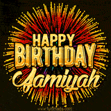 Golden 'Happy Birthday Jamiyah' text accompanied by animated rainbow fireworks for a festive animated greeting.