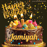 A delightful chocolate birthday cake with bright candles and 'Happy Birthday Jamiyah' written in gold amidst a shower of animated stars.