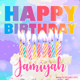 A vibrant animated name GIF with the words 'Happy Birthday Jamiyah' with colorful candles on a creamy cake. The background sparkles with pastel shades, adding a festive touch.