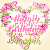 A stunning heart made of pink roses surrounds the elegant script text 'Happy Birthday Jamiyah' on a soft beige background. Animated sparkles add a magical and festive feel.