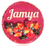 Beautifully decorated red velvet berry birthday cake with vibrant fruits and a glowing 'Jamya' name, adding a touch of sweetness and sparkle.