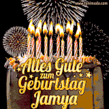 A chocolate birthday cake with glowing candles, the German text 'Alles Gute zum Geburtstag Jamya,' and vibrant fireworks lighting up the background in an animated GIF.