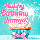 A festive cupcake with pink icing, a gingham bow, and a lit animated sparkler, paired with 'Happy Birthday Jamya!' in bright pink text.