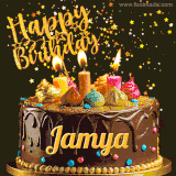 A delightful chocolate birthday cake with bright candles and 'Happy Birthday Jamya' written in gold amidst a shower of animated stars.