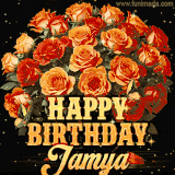 Animated bouquet of orange roses with moving butterfles and golden 'Happy Birthday Jamya' text, surrounded by sparkling accents and a dark backdrop for a luxurious feel.