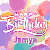 A vibrant name GIF featuring colorful balloons in shades of pink, orange, and yellow with the bold text 'Happy Birthday Jamya' in festive fonts, creating a lively birthday vibe.