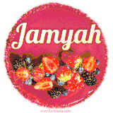Beautifully decorated red velvet berry birthday cake with vibrant fruits and a glowing 'Jamyah' name, adding a touch of sweetness and sparkle.
