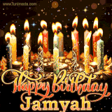 A glowing personalized birthday GIF with name Jamyah featuring lit candles with intricate designs, warm lighting, and the text 'Happy Birthday' in an elegant font.