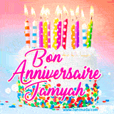 A white birthday cake covered in colorful sprinkles, topped with bright candles, and French text 'Bon Anniversaire Jamyah' on a pastel gradient background in an animated GIF.