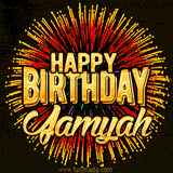 Golden 'Happy Birthday Jamyah' text accompanied by animated rainbow fireworks for a festive animated greeting.