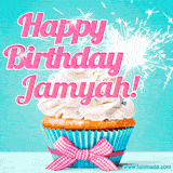 A festive cupcake with pink icing, a gingham bow, and a lit animated sparkler, paired with 'Happy Birthday Jamyah!' in bright pink text.