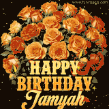 Animated bouquet of orange roses with moving butterfles and golden 'Happy Birthday Jamyah' text, surrounded by sparkling accents and a dark backdrop for a luxurious feel.