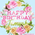 A charming animated GIF featuring 'Happy Birthday Jamyah' in pink and green text, surrounded by delicate roses, leaves, and fluttering butterflies on a soft light blue pastel background.