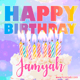 A vibrant animated name GIF with the words 'Happy Birthday Jamyah' with colorful candles on a creamy cake. The background sparkles with pastel shades, adding a festive touch.